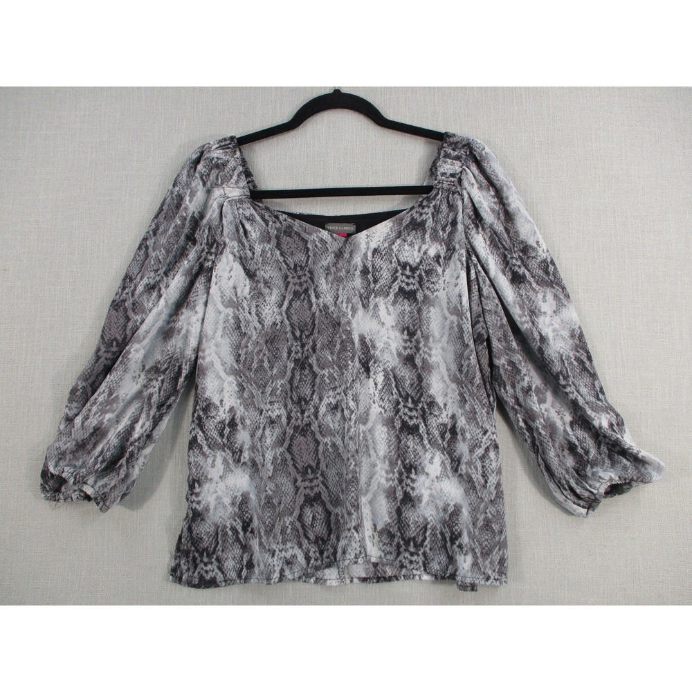 Vince Camuto Womens Grey Snakeskin Print Puff Sleeve Square Neck Blouse Top S